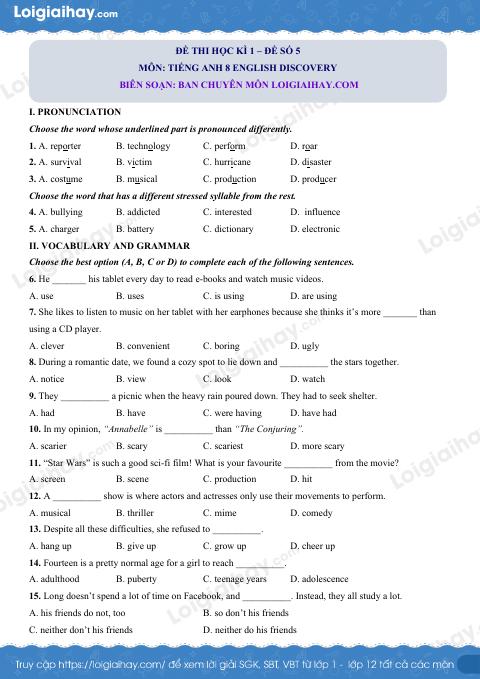 Đề thi học kì 1 Tiếng Anh 8 English Discovery - Đề số 5